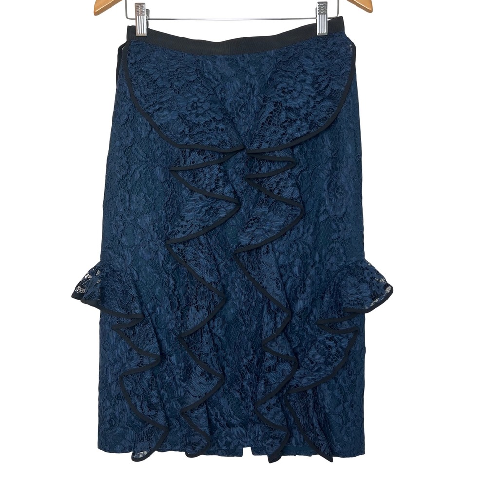 Alexis Navy Blue Floral Lace Ruffle Pencil Skirt Black Piping Womens Size M